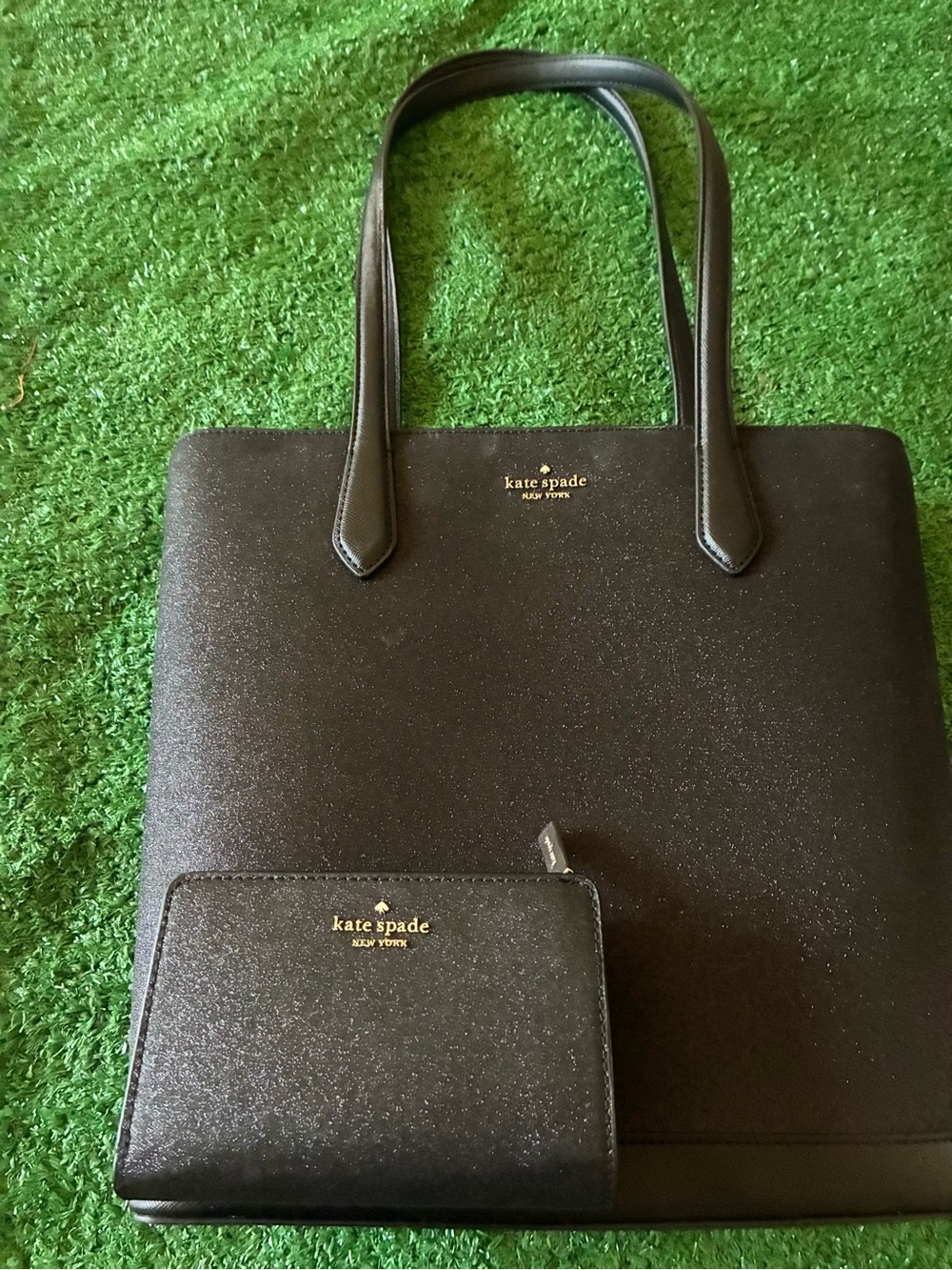 kate spade black glitter tote with matching wallet set